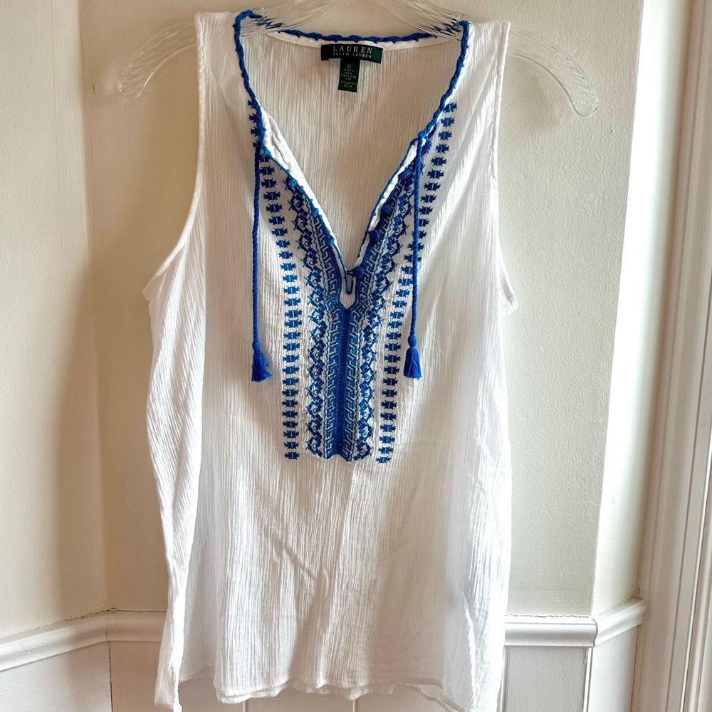 Ralph Lauren White And Navy 100% Cotton Gauze Tassel Embroidered Neck Top M